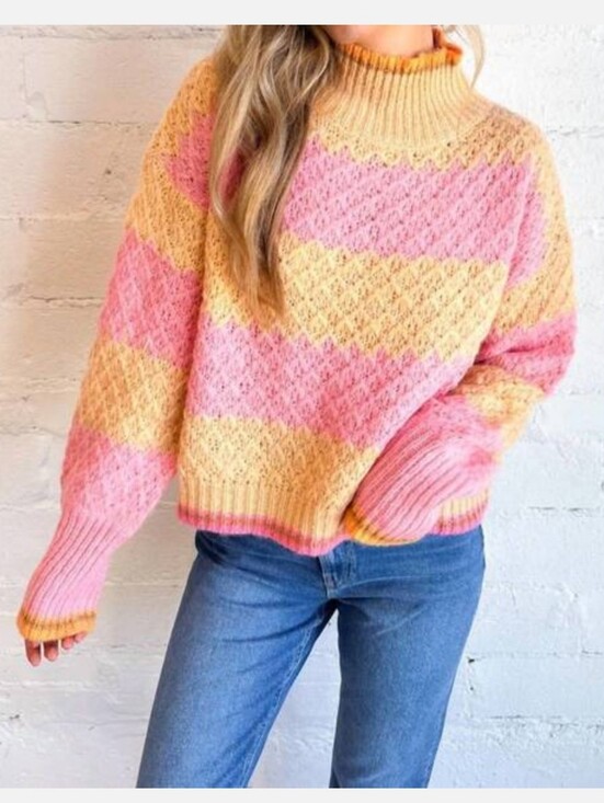 Lalavon Sweaters - Lalavon Cozy Aesthetic Sweetheart Stitch Striped Cropped Sweater Pink Yellow M